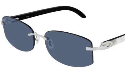 Pre-owned Cartier C Decor Mens Sunglasses Ct0031rs-002 Buffalo Horn Silver Frame Blue Lens