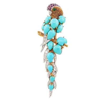 Pre-owned Cartier Cabochon Turquoise, Diamond, Ruby And Emerald Parrot Brooch In Green