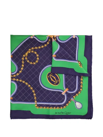 Pre-owned Cartier Chain Diamond Pattern Silk Scarf In Blue