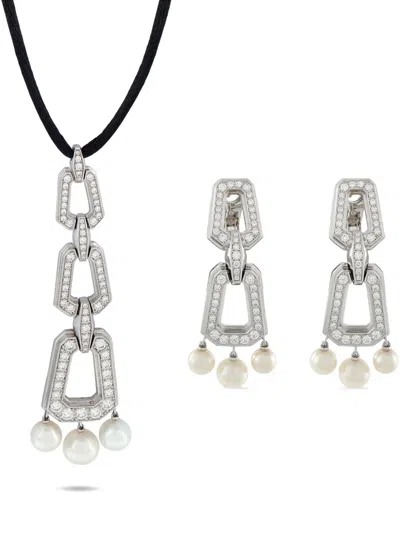 Pre-owned Cartier Chandra Diamond And Pearl Necklace And Earring Set In Silver
