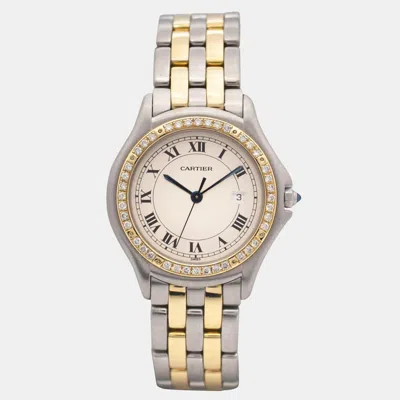Pre-owned Cartier Cougar 187904 33mm Ivory Dial Custom Diamond Bezel Two Tone 18kt Quartz Wristwatch In Cream