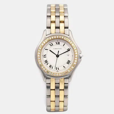 Pre-owned Cartier Customised Ivory 5ct Diamond 18k Yellow Gold Cougar 187904 Quartz Women's Wristwatch 33mm In Cream