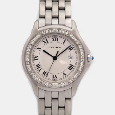 Pre-owned Cartier Cougar 33mm 987904 Silver Dial Custom Diamond Bezel Steel Quartz Wristwatch In Cream