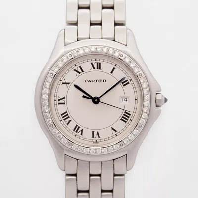 Pre-owned Cartier Cougar 33mm 987904 White Dial Custom Diamond Bezel Steel Band Quartz Wristwatch