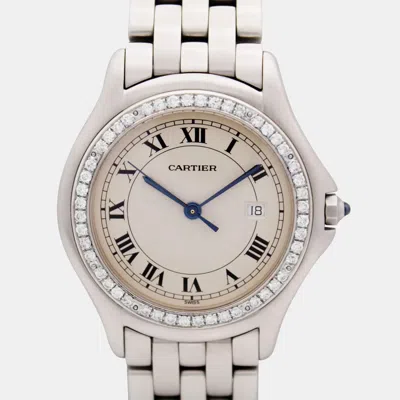 Pre-owned Cartier Cougar Panthere 987904c 32mm Steel Custom Diamond Bezel Ivory Dial Wristwatch In Cream