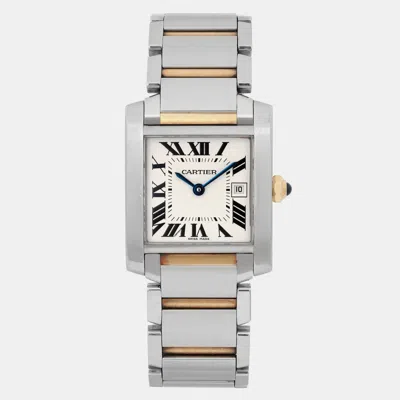 Pre-owned Cartier Cream 18k Yellow Gold Stainless Steel Tank Francaise W51012q4 Quartz Women's Wristwatch 25 Mm