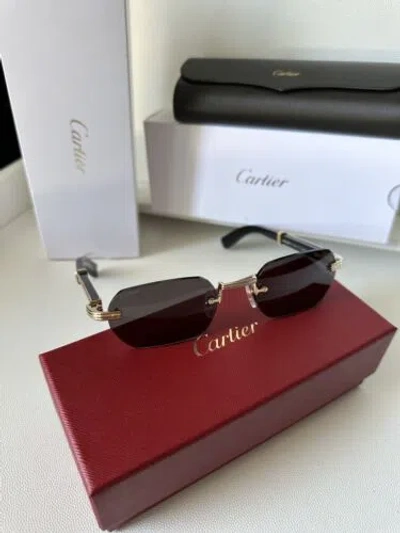 Pre-owned Cartier Ct0362s 001 Premiere De  Sunglasses Black Horn/gold Frame Grey In Gray