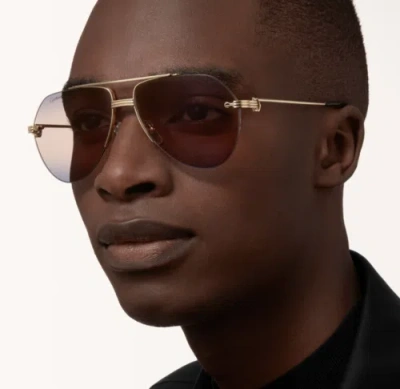Pre-owned Cartier Ct0427s-008 Gold Gold Blue Sunglasses