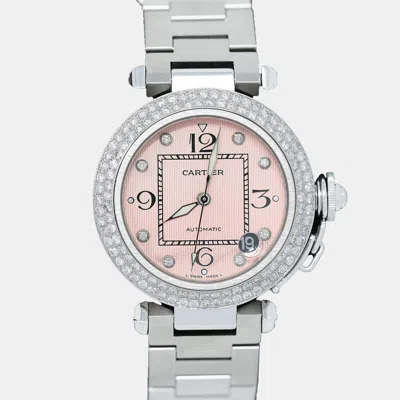 Pre-owned Cartier Customised Blue Diamond Stainless Steel Pasha 2324 Automatic Women's Wristwatch 35mm In Pink