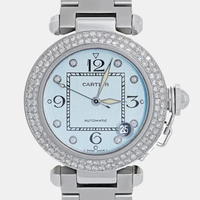 Pre-owned Cartier Customised Blue Diamond Stainless Steel Pasha 2324 Automatic Women's Wristwatch 35mm