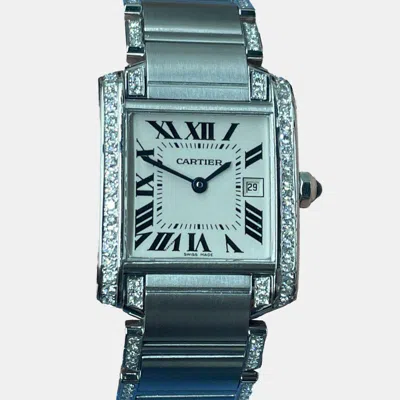 Pre-owned Cartier Customised Blue Diamond Stainless Steel Tank Francaise 2465 Quartz Women's Wristwatch 25 Mm