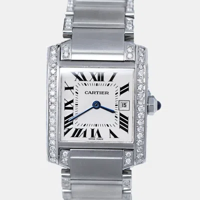 Pre-owned Cartier Customised Blue Diamond Stainless Steel Tank Francaise 2465 Quartz Women's Wristwatch 25mm
