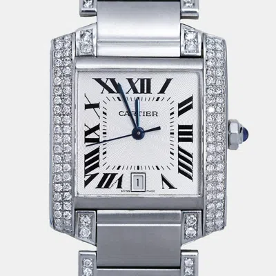 Pre-owned Cartier Customised Blue Diamond Stainless Steel Tank Francaise Automatic Women's Wristwatch 32 Mm