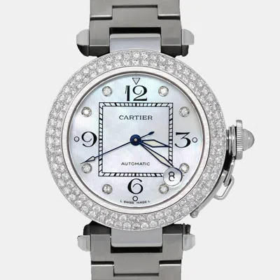 Pre-owned Cartier Customised Blue Mop Diamond Stainless Steel Pasha 2324 Automatic Women's Wristwatch 35mm In White