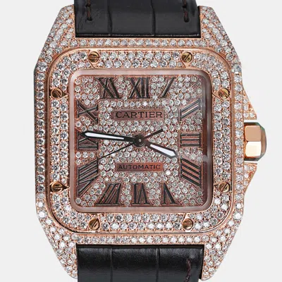 Pre-owned Cartier Customised Brown 12.00ct Diamond 18k Rose Gold Santos 100 2879 Automatic Women's Wristwatch 33mm In Silver