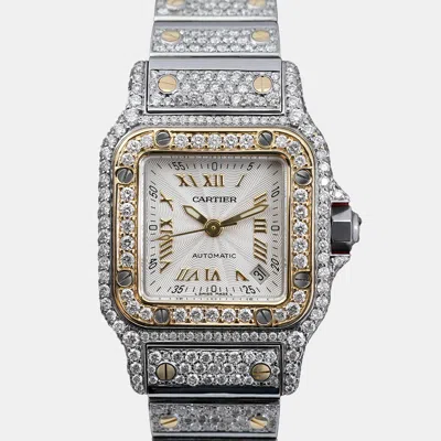 Pre-owned Cartier Customised Ivory Diamond 18k Yellow Gold Santos Galbee Automatic Women's Wristwatch 24 Mm