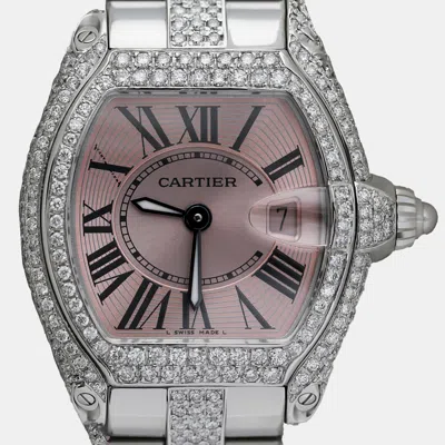 Pre-owned Cartier Customised Pink Diamond Stainless Steel Roadster W62016v3 Quartz Women's Wristwatch 36 Mm