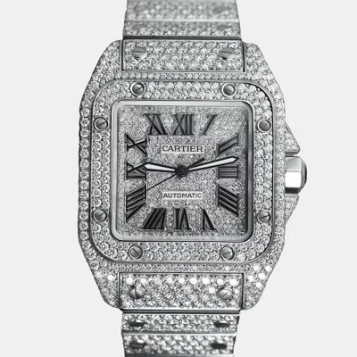 Pre-owned Cartier Customised Silver 29.00ct Diamond Stainless Steel Santos 100 W20073x8 Automatic Men's Wristwatch 41 