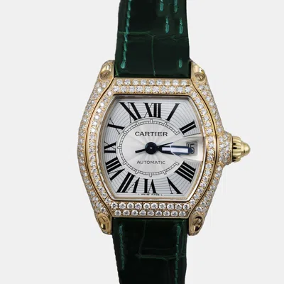 Pre-owned Cartier Customised Silver Diamond 18k Yellow Gold Roadster W62018y5 Quartz Women's Wristwatch 31 Mm