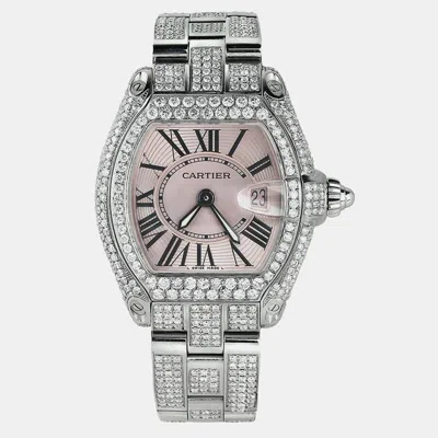 Pre-owned Cartier Customised Silver Diamond Stainless Steel Roadster W62016v3 Quartz Men's Wristwatch 36mm In Pink