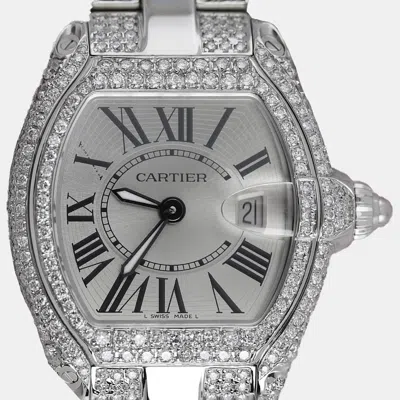 Pre-owned Cartier Customised Silver Diamond Stainless Steel Roadster W62016v3 Quartz Women's Wristwatch 30 Mm