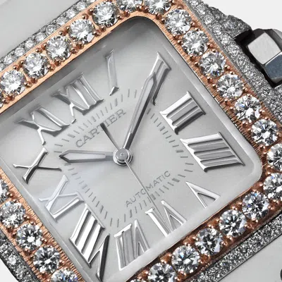 Pre-owned Cartier Customised White 12.00ct Diamond 18k Rose Gold Santos 100 Automatic Women's Wristwatch 33mm In Silver