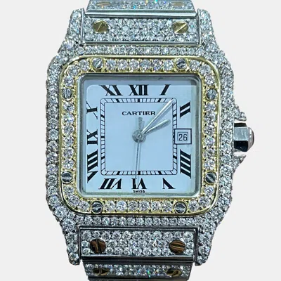 Pre-owned Cartier Customised White Diamond 18k Yellow Gold Santos Galbee 187901 Quartz Women's Wristwatch 29mm