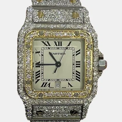 Pre-owned Cartier Customised White Diamond 18k Yellow Gold Santos Galbee 187901 Quartz Women's Wristwatch 29mm