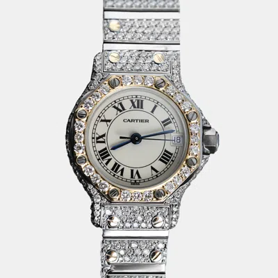 Pre-owned Cartier Customised White Diamond 18k Yellow Gold Santos Octagon 187902 Quartz Women's Wristwatch 24 Mm