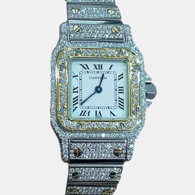 Pre-owned Cartier Customised White Diamond 18k Yellow Gold Santos W20012c4 Quartz Women's Wristwatch 24 Mm