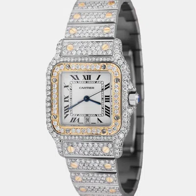 Pre-owned Cartier Customised White Diamond 18k Yellow Gold Santos W20012c4 Quartz Women's Wristwatch 24 Mm