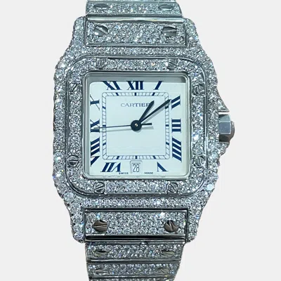 Pre-owned Cartier Customised White Diamond Stainless Steel Santos Galbee 98790 Quartz Women's Wristwatch 29mm