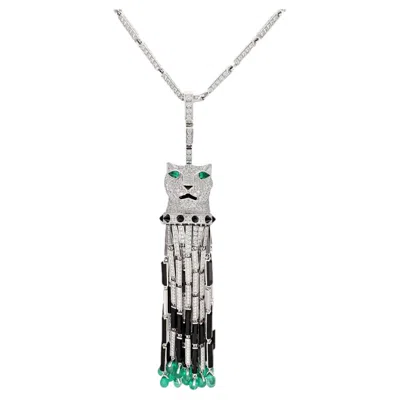 Pre-owned Cartier Diamond, Onyx, And Emerald Panther Tassel Necklace In Green