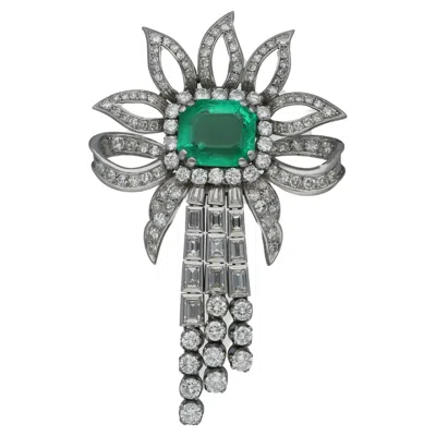 Pre-owned Cartier Emerald And Diamond Brooch Floral Design In Green