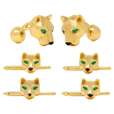 Pre-owned Cartier Emerald Onyx 18 Karat Yellow Gold Panther Cufflinks & Shirt Stud Set