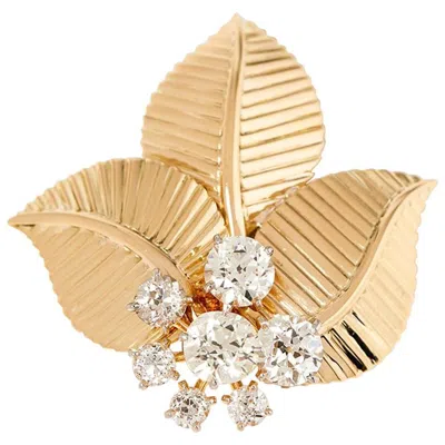 Pre-owned Cartier European Cut Diamond Set 18ct Yellow Gold Vintage Leaf Design Brooch
