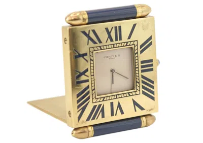 Pre-owned Cartier Folding Alarm Clock Quartz Movement Desk Clock Gilt Metal Blue Enamel