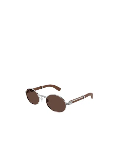 Cartier Full Frame Sunglasses In Silver And Brown Real Cloth Binga Wood