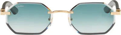 Cartier Gold & Green 'c Allongé De  Motif' Sunglasses In Blue