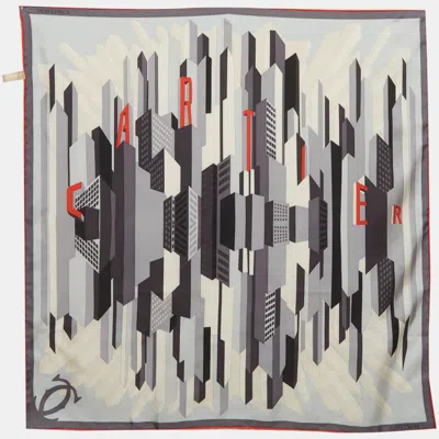 Pre-owned Cartier Grey Print Silk Square Scarf In Gray