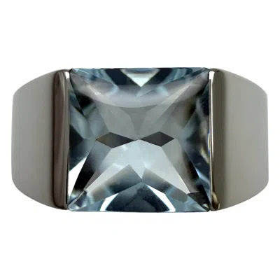 Pre-owned Cartier Large Size  Blue Aquamarine Square Cushion Cut 18k White Gold Tank Ring