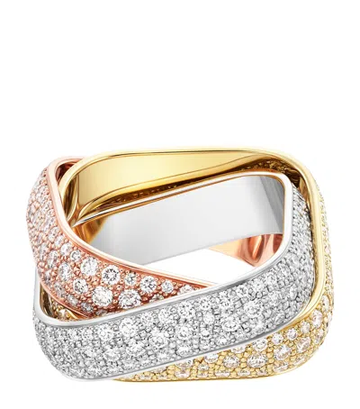 Cartier Large Yellow, White, Rose Gold And Diamond Trinity Ring