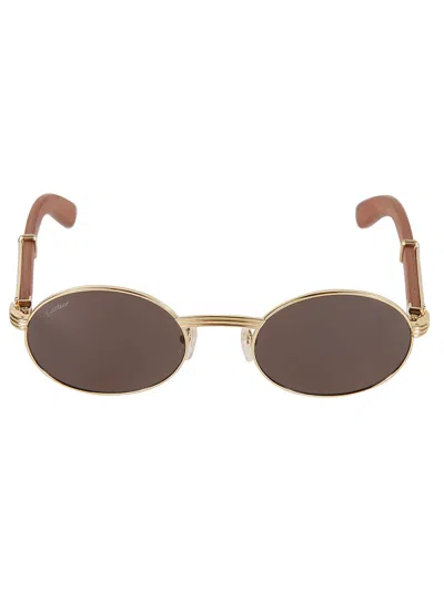Cartier Logo Round Sunglasses In Gold/brown/grey