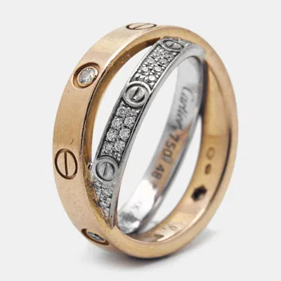 Pre-owned Cartier Love Pave Diamond Two Tone 18k Gold Double Band Ring Size 48