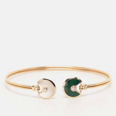 Pre-owned Cartier Malachite White Mother Of Pearl & Diamond 18k Rose Gold Open Bracelet 17cm