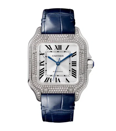 Cartier Medium White Gold And Diamond Santos De  Watch In Silver