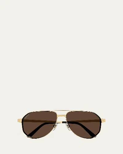 Cartier Men's Ct0461sm Metal Aviator Sunglasses In 004 Smooth And Brushed Golden Finish