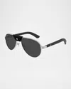Cartier Men's Ct0495sm Metal Aviator Sunglasses In Smooth And Brushed Platinum Finish
