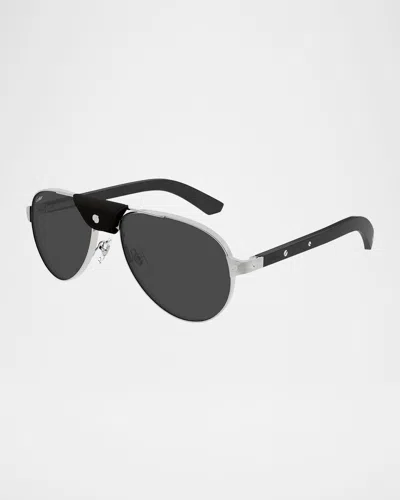 Cartier Men's Ct0495sm Metal Aviator Sunglasses In Smooth And Brushed Platinum Finish