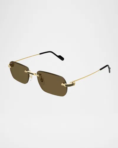 Cartier Men's Ct0497sm Metal Rectangle Sunglasses In Smooth Golden Finish